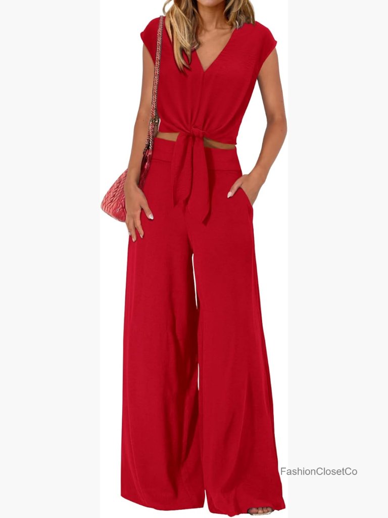 Women's Cap Sleeve V Neck Crop Top & Wide Leg Pant Set 2 Piece